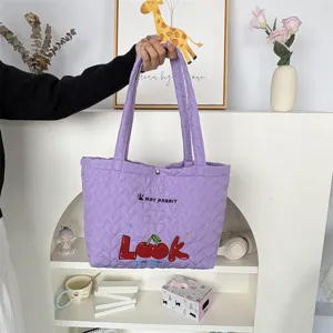 Purple quilted tote bag for women, cute heart pattern shoulder handbag with cherry embroidery.
