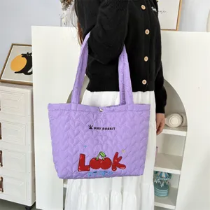 Ins new quilted heart shoulder bag cute cherry pattern tote bag casual shopping handbag for women