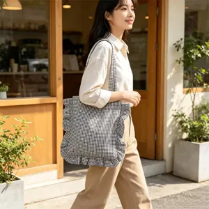 Schwarze weiße Karo Rüschen Schultertasche modische lässige große Alltag Tote Bag Frauen