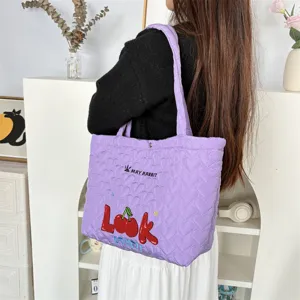 Quilted heart tote shoulder bag for women, cute cherry graphic daily shopping handbag.
