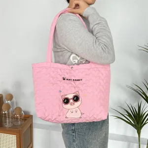 Pink quilted heart tote bag for women, cute pig embroidery shoulder bag, casual shopping handbag.