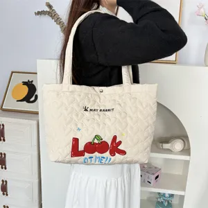 Ins quilted heart shoulder bag, cute cherry embroidered tote bag for women daily use.