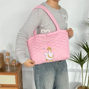 Pink quilted tote bag with cute duck embroidery, large capacity shoulder bag for women.
