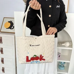 Quilted heart tote bag with cute cherry embroidery, casual shoulder bag for women.