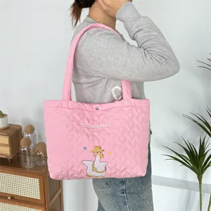 Pink quilted heart tote bag with cute duck embroidery, casual shoulder bag for women.