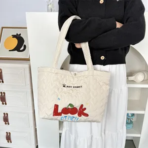 Quilted heart tote bag for women, cute embroidered shoulder bag with cherry and rabbit design.