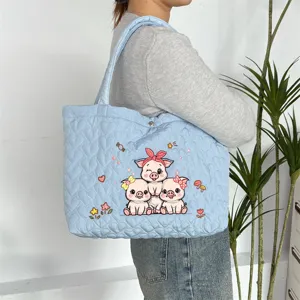 Light blue quilted heart tote bag for women, cute cartoon pig embroidery shoulder handbag.