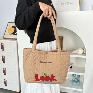 Quilted khaki tote bag for women with cute heart pattern and cherry embroidery, casual.