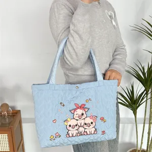 Cute cartoon embroidered quilted tote bag, large capacity soft shoulder bag for daily commute.