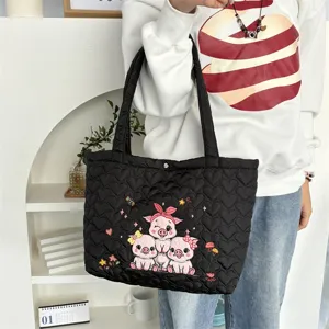 Gewatteerde hartjes shopper met schattige varkensborduursel, grote casual schoudertas.
