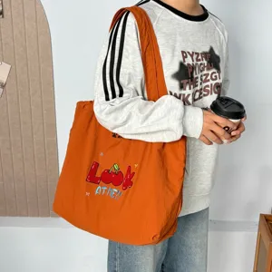 Bolso de hombro naranja con bordado de cerezas, bolso de lona informal de gran capacidad.
