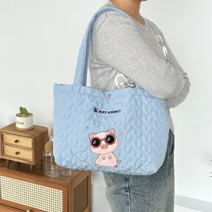 Cute quilted tote bag with cartoon pig embroidery, fluffy large capacity shoulder bag for women.