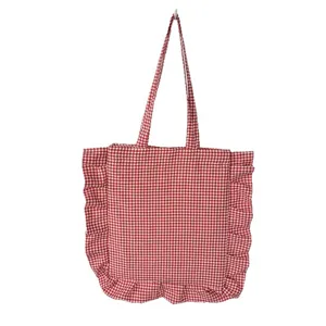 Rot-weiß karierte Stoff-Tasche mit Rüschen lässige Damen Schultertasche für den Alltag