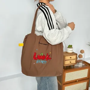 Bolso tote lona marron gran capacidad bolso hombro casual con cordon y bordado de cerezas lindo.