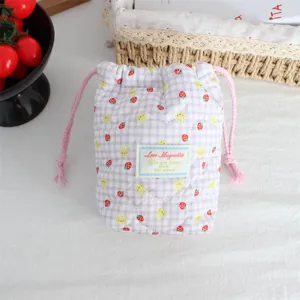 Quilted padded drawstring camera bag polaroid cute purple gingham storage pouch dustproof