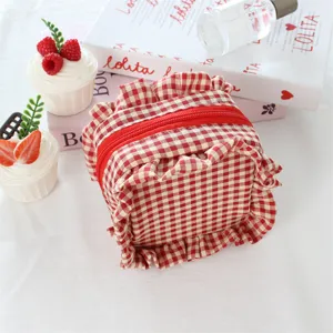 Rete a quadri rossi con volant trousse cosmetica, mini borsa portatile per trucchi da donna.