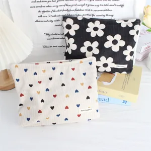 Corduroy cosmetic bag large capacity portable storage bag cute flower heart print design