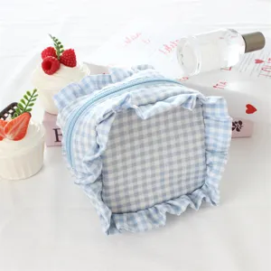 Borsa cosmetica a quadri blu con volant, mini custodia per trucco portatile.