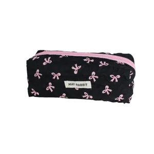 Astuccio nero plissettato con graziosi fiocchi rosa e zip, borsa di cancelleria.