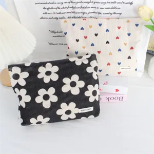 Corduroy Cosmetic Bag Portable Storage Pouch Heart Print Lipstick Bag Lightweight Zipper Liner Makeup Organizer Women