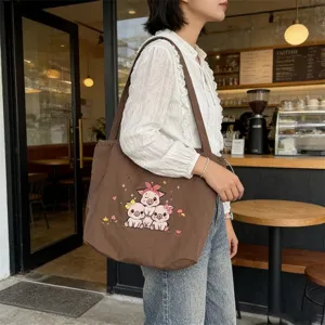 Bolso tote de lona con bordado de cerdito tierno, bolso de hombro casual para estudiantes.