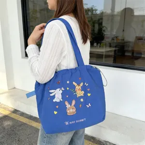 Borsa shopper in tela con coniglio ricamato carino coreano grande capacità per studenti blu