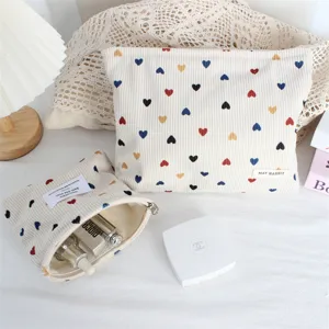 Corduroy cosmetic bag cute colorful heart print large capacity portable zipper makeup organizer