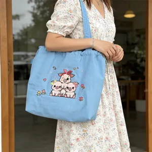 Bolso tote de lona con cerdito bordado lindo, bolso de hombro informal para mujeres.