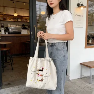 Borsa shopper in tela con ricamo di cagnolino, grande borsa a spalla per la vita quotidiana.