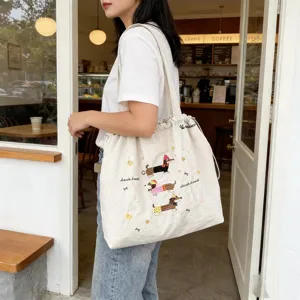 Borsa tote in tela con simpatici cani bassotto ricamati, grande borsa a tracolla con coulisse.