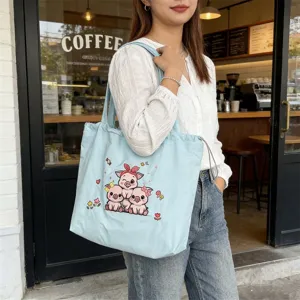 Bolso tote de lona azul claro con bonito bordado de cerdito, bolso de hombro casual diario.