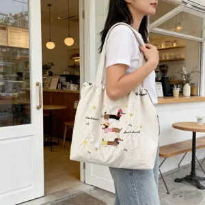 Borsa a Tracolla da Donna Con Coulisse e Cucciolo Ricamato Grande Capacità Borsa Tote in Poliestere per Studenti