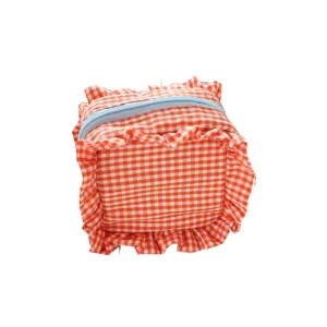 Borsa Cosmetica a Quadri Arancione con Volant Piccola Custodia Trucco Portatile Organizer