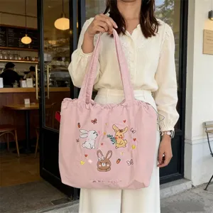 Borsa tote ricamata con coniglietto carino stile coreano grande capacità borsa casual donna.