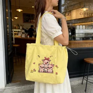 Bolso tote de lona con cerdito bordado, bolso de hombro casual para mujer uso diario top.