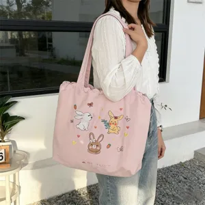 Borsa shopper rosa ricamata con coniglietto carino, borsa a spalla capiente per la vita quotidiana.