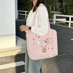 Borsa shopper in tela rosa ricamata con coniglietti carini, grande capacità borsa spalla.