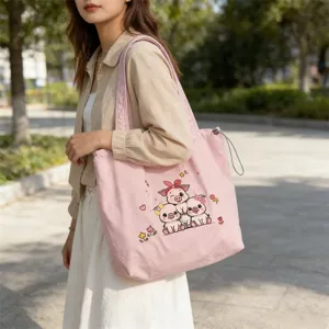 Bolsa tote de lona con cerdito bordado para mujer, bolso de hombro informal para uso diario.