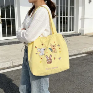 Borsa shopper ricamata con coniglio carino coreano, grande borsa a spalla per studenti e lavoro.