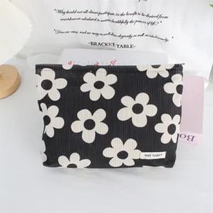 Corduroy makeup bag black white daisy pattern portable travel storage zipper pouch cosmetic bag