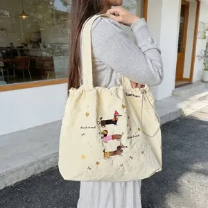 Borsa di tela con ricamo di bassotto, grande borsa a tracolla con coulisse per uso.