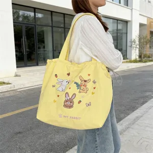 Borsa tote in tela ricamata con simpatico coniglio, grande borsa a spalla per studenti.