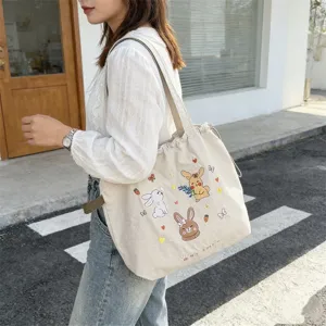 Borsa shopper in tela ricamata con coniglio stile coreano, grande borsa a tracolla casual per donne.