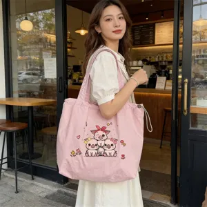 Bolso tote de lona rosa para mujer, estilo coreano bordado cerdo bolso de hombro informal.
