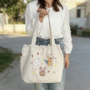 Borsa shopper in tela con coniglio ricamato, borsa a tracolla casual di grande capacità.
