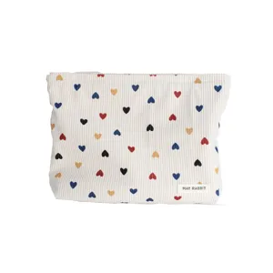 Corduroy makeup bag with colorful heart print, large capacity portable zipper storage pouch.