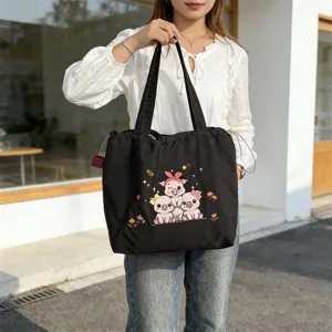 Bolso tote de lona negra con bordado de cerdito tierno, bolso de hombro casual para uso diario.