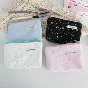 Cute silver star sequin coin purse set, portable fabric makeup pouch with zipper closure.