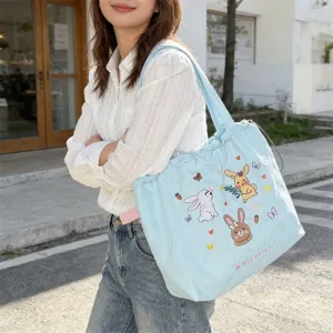 Borsa Tote Ricamata a Coniglio Stile Coreano Carina Grande Capacità Borsa a Tracolla in Poliestere Coulisse Borsa a Mano da Donna