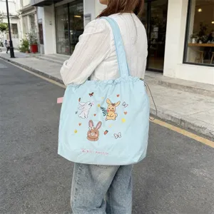 Borsa shopper in tela ricamata con coniglio carino da donna, grande borsa a tracolla casual.
